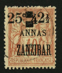 ZANZIBAR : 25c et 1 1/2 sur 4a s. 40c (no58) oblitéré. Cote 1350€ ...
