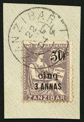 ZANZIBAR : 50c et cinq sur 3a s/ 30c (no66)obl. sur fragment. Cote ...