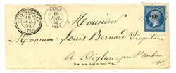 VAR : 1859 20c (no14) obl. PC 998 + T.22 COURSEGOULES + T.15 VENCE ...