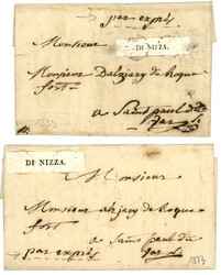 1833 Etiquette blanche DI NIZZA + "PAR EXPRESS" sur 2 lettres avec ...