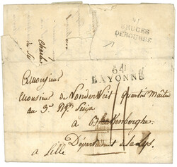 1808 Rare cachet BRUGES DEBOURSE + 64 BAYONNE sur lettre avec texte ...