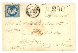 1858 20c (no14) obl. PC 55 + T.15 ALZONNE + P.P. + Taxe Portugaise ...