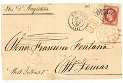 1869 80c (no32) obl. GC 2240 + MARSEILLE sur lettre pour ST THOMAS ...
