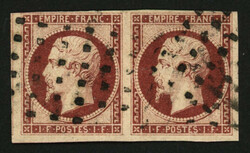 Superbe paire du 1F EMPIRE Carmin Fonçé (no18a) obl. Gros points. ...