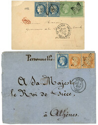 2 lettres de PARIS pour la GRECE : 1867 no29 + 31 (x2) et 1872 no20 ...