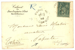 Cachet d' ESSAI pour TAHITI : 1892 5c SAGE obl. Cachet d' essai PARIS ...