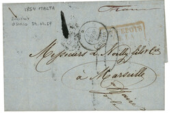 MALTE : 1854 Cachet paquebot OSIRIS + Taxe 10 sur lettre avec texte ...