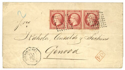 1868 80c (no24) bande de 3 obl. ANCRE + BUENOS-AYRES sur lettre pour ...