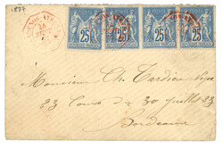 1877 25c SAGE (x4) obl. BUENOS-AYRES PAQ. FR. J No4 en ROUGE (rare) ...