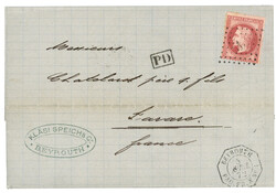 LIGNE X - Escale de BEYROUTH : 1872 80c (no32) obl. ANCRE + cachet d' ...