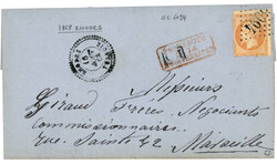RHODES : 1868 40c (no23) obl. GC 5094 + RHODES TURQUIE sur lettre ...