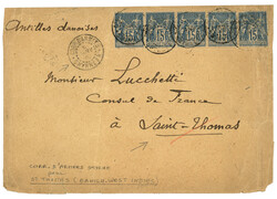 CORR. D' ARMEES SMYRNE pour ST THOMAS : 1896 15c SAGE bande de 5 (2 ...