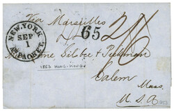 HONG-KONG : 1853 NEW-YORK AM PACKET + 65 Tax marking + HONG-KONG ...