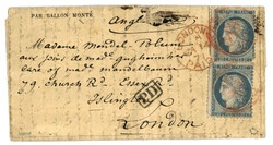 BALLON MONTE : 20c (no37) x2 , 1 ex. pd obl. PARIS SC rouge 10 janv ...