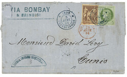 CHANDERNAGOR pour la TUNISIE : 1881 CG 5c CERES + 20c SAGE obl. INDE ...