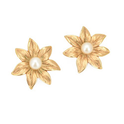 Paar blütenförmige Ohrstecker Gelbgold 375, je cremeweiße Perle in ...