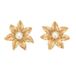 Paar blütenförmige Ohrstecker Gelbgold 375, je cremeweiße Perle in ...