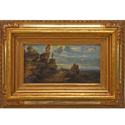 van Berg Öl auf Holz, WEITE LANDSCHAFT, felsiger Bergweg mit weitem ...