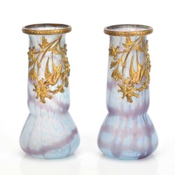Paar Jugendstil-Vasen farbloses Glas mit hellblauen ...