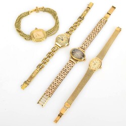 Vier Damenarmbanduhren 1 x Goldgehäuse 585 (netto ca. 2,34 g), 3 x ...