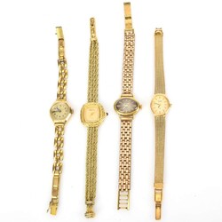 Vier Damenarmbanduhren 1 x Goldgehäuse 585 (netto ca. 2,34 g), 3 x ...