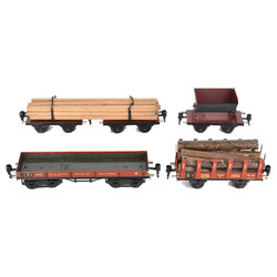 Langholzwagen und drei Güterwagen Märklin, Spur 0, 1848, offener ...