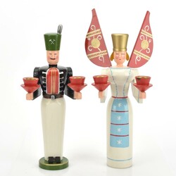 Lichterpaar Holz, gedrechselt und farbig bemalt, Bergmann und Engel, ...