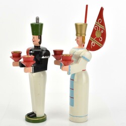 Lichterpaar Holz, gedrechselt und farbig bemalt, Bergmann und Engel, ...