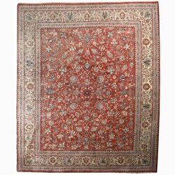 Großer Teppich Wolle, handgeknüpft, in Rot-, Creme- und Blautönen ...