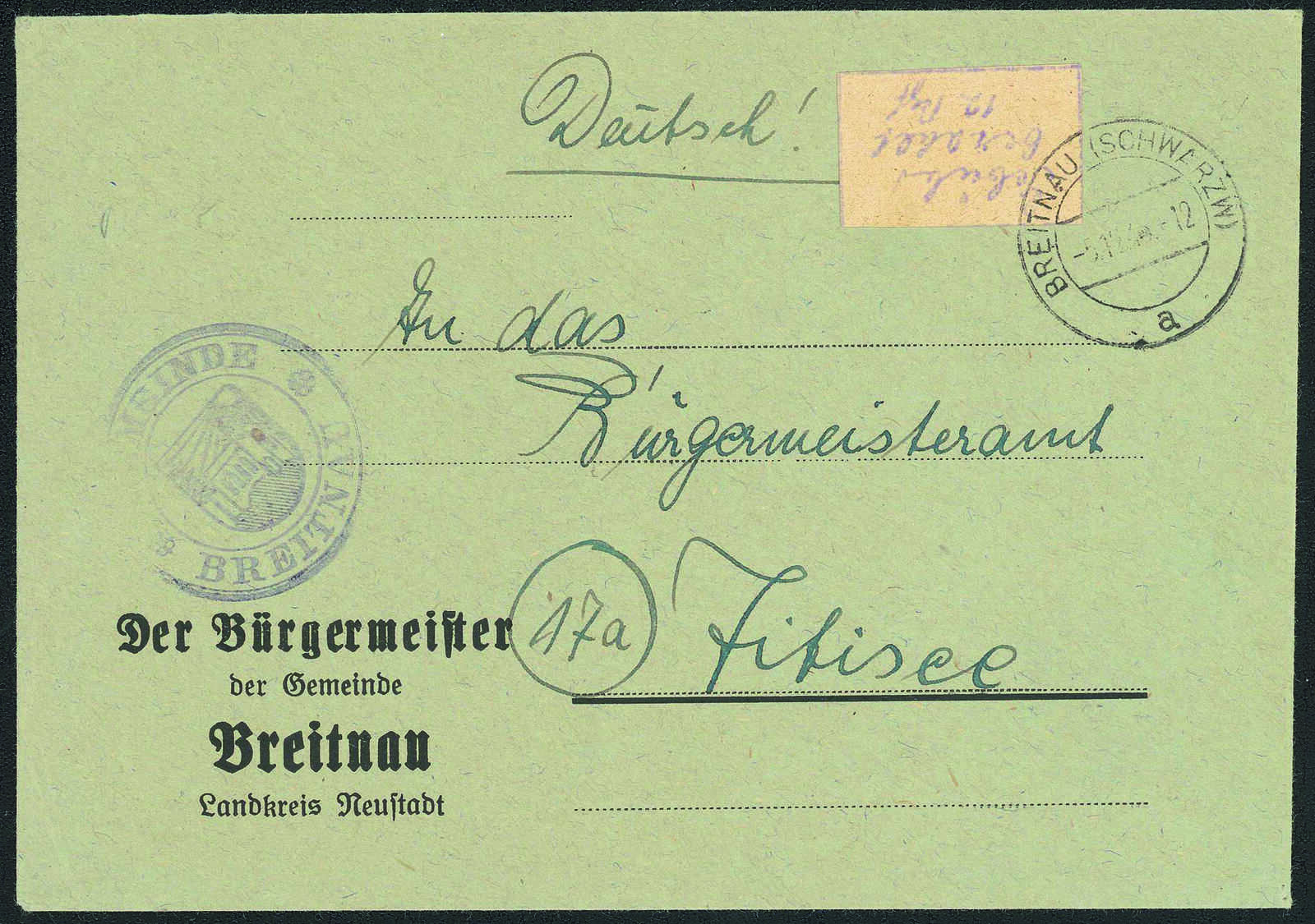 DER BÜRGERMEISTERBRIEF VON BREITNAU: 12 Pfg. Gebührenzettel mit ...