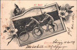 FAHRRAD; All' Heil, sw Foto-Ansichtskarte, 1899, dazu 5 gezeichnete ...