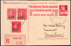 20 auf 25 Rp., karminrot, mit französischer Zusatzfrankatur als ...