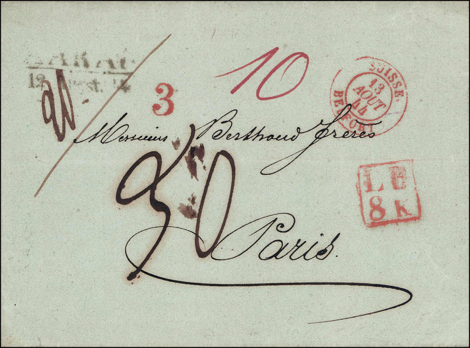 AARAU 12.Augst. 44 schwarz/Suisse BELFORT/LB8K/3 alle rot, sauber auf ...