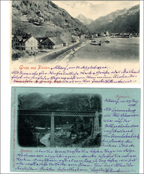 FLÜELEN/AMSTEG, beide Karten zusätzlich mit Werbevignette "Tell ...