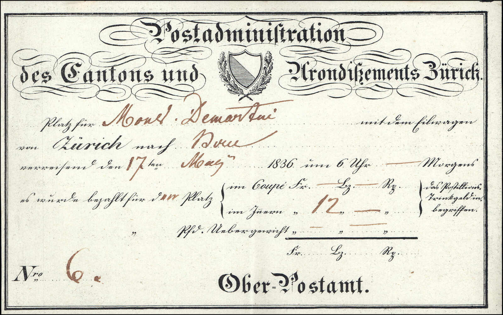 ZÜRICH-Aarau, 1 Platz im "Innern" Preis 12 Franken