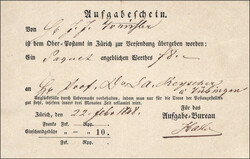ZÜRICH, OBER-POSTAMT, Aufgabeschein für ein Paket nach TÜBINGEN, ...