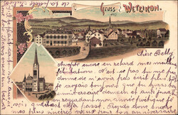 Gruss aus WETZIKON, 2 Bilder, Farblitho, 1898, kleiner Mangel