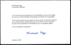 KOPP ELISABETH, auf Dankeskarte zur Wahl als Bndesrätin, 1984