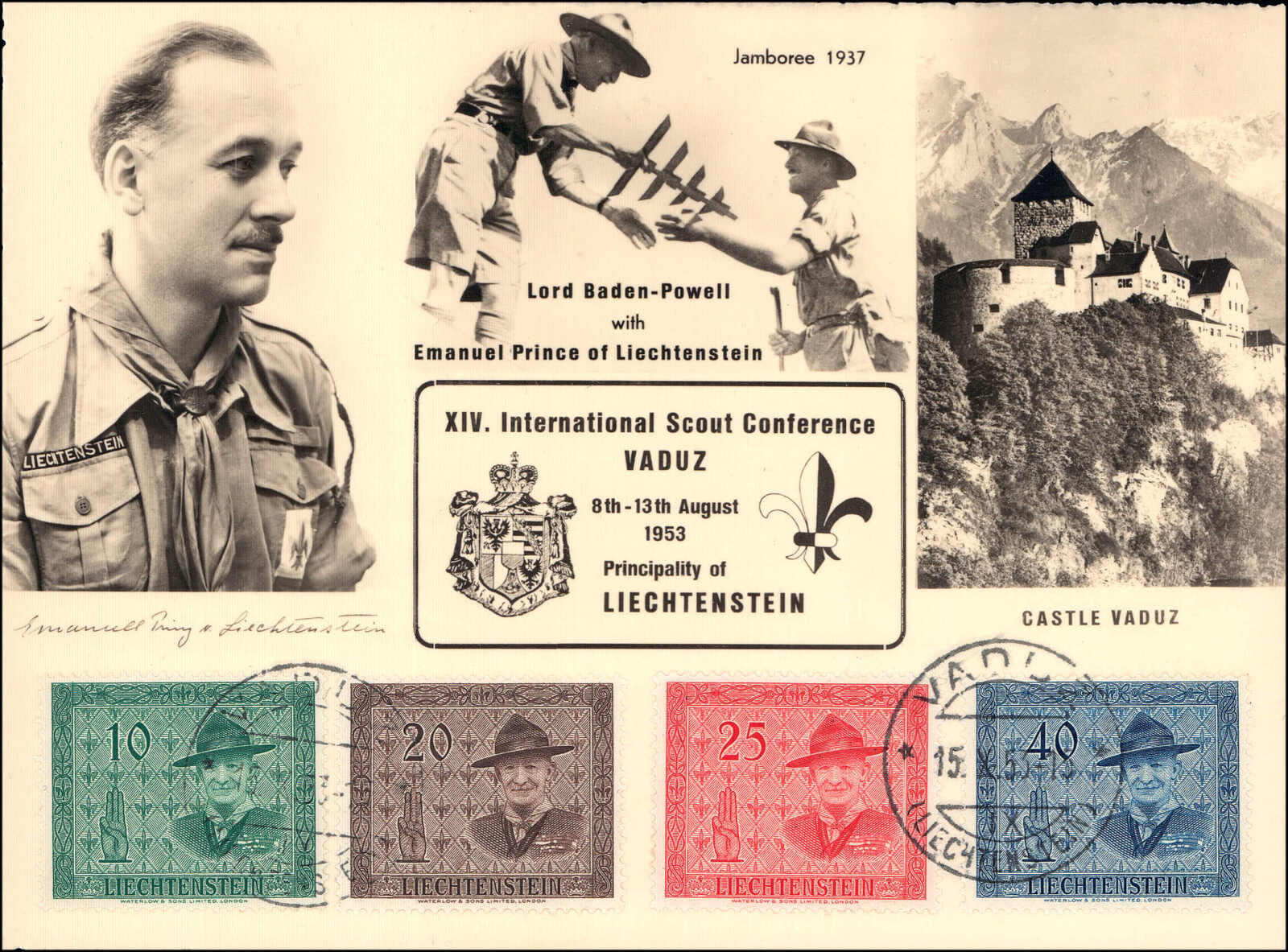 LIECHTENSTEIN: 1953: Pfadfinder, komplette Serie auf passender Karte