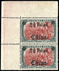 5 Mark mit Aufdruck "China 2 1/2 Dollar", Eckranddoppelstück, ein ...