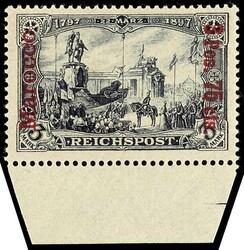 3 Pes. 75 Cts. auf 3 Mark violettschwarz, Unterrandstück, ...