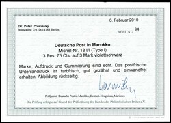 3 Pes. 75 Cts. auf 3 Mark violettschwarz, Unterrandstück, ...