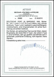 3 Pes.75 cts. auf 3 Mark schwarzviolett, Typenpaar, postfrisch, ...