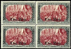 6 Pes. 25 C. auf 5 Mark "Reichspost", Viererblock mit folgenden Typen ...