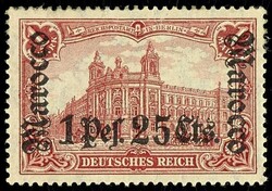 1 Pes. 25 Cts. auf 1 Mark dunkelrotkarmin, Aufdruckfehler " langer ...