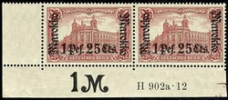1 Pes. 25 Cts. auf 1 Mark Deutsches Reich, waagerechtes Eckrandpaar ...