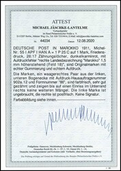 1 Pes. 25 Cts. auf 1 Mark Deutsches Reich, waagerechtes Eckrandpaar ...