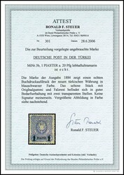 20 Pfennig mit blauem Aufdruck "1 PIASTER", ungebraucht, etwas ...