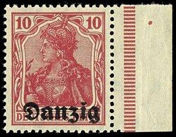 10 Pfennig Germania mit Aufdruck "Danzig", vom rechten Seitenrand, ...