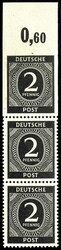 2 Pf Ziffer Oberranddreierstreifen, tadellos, postfrisch, dabei die ...